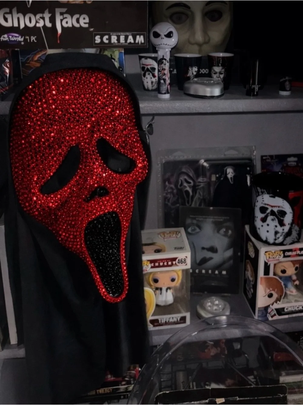 Siam Red & Jet Black Crystal Diamond Sparkly Ghost Face Scream Horror Mask New